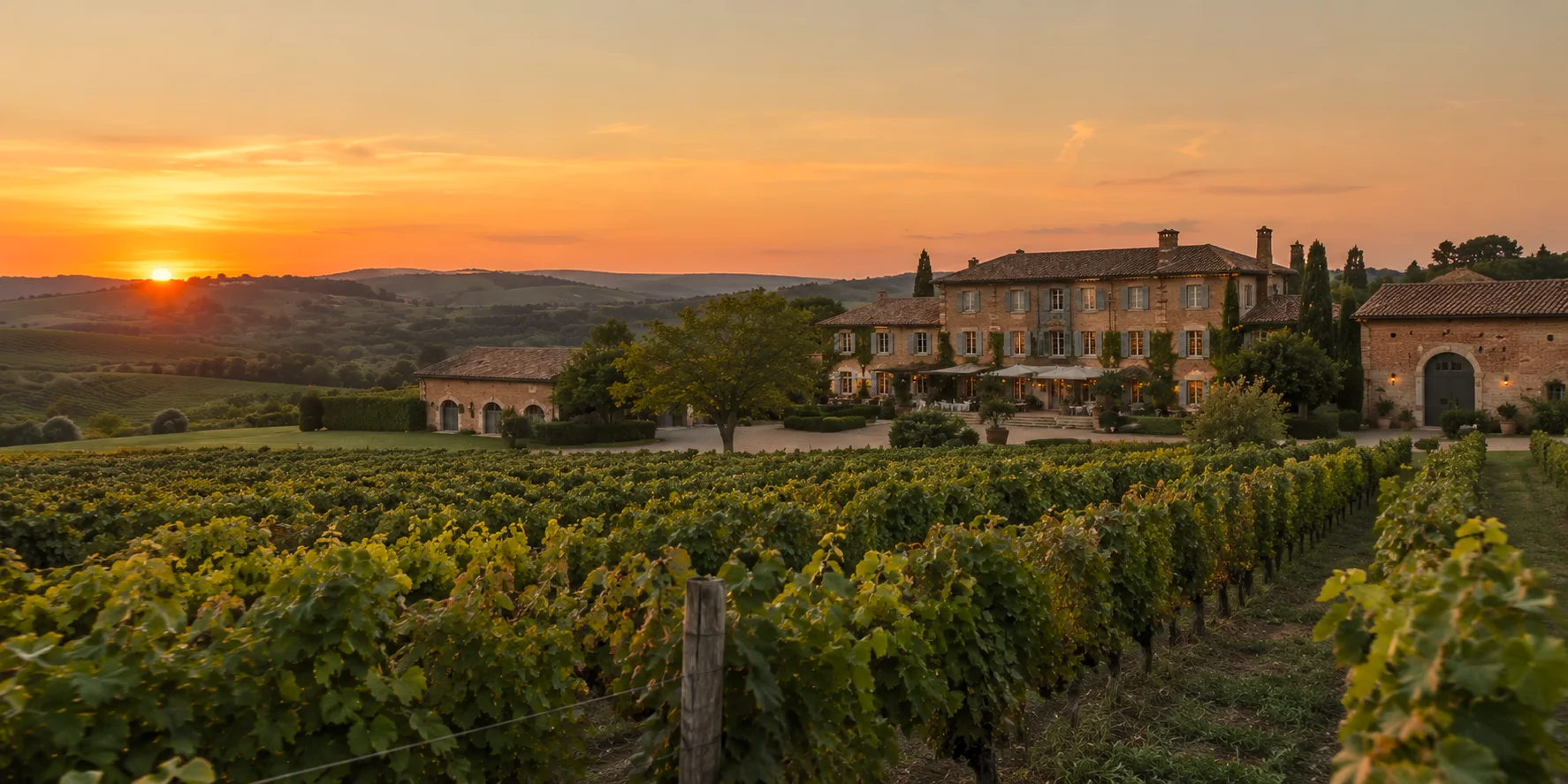 Un domaine de pierre au-dessus de ses vignes, au coucher du soleil