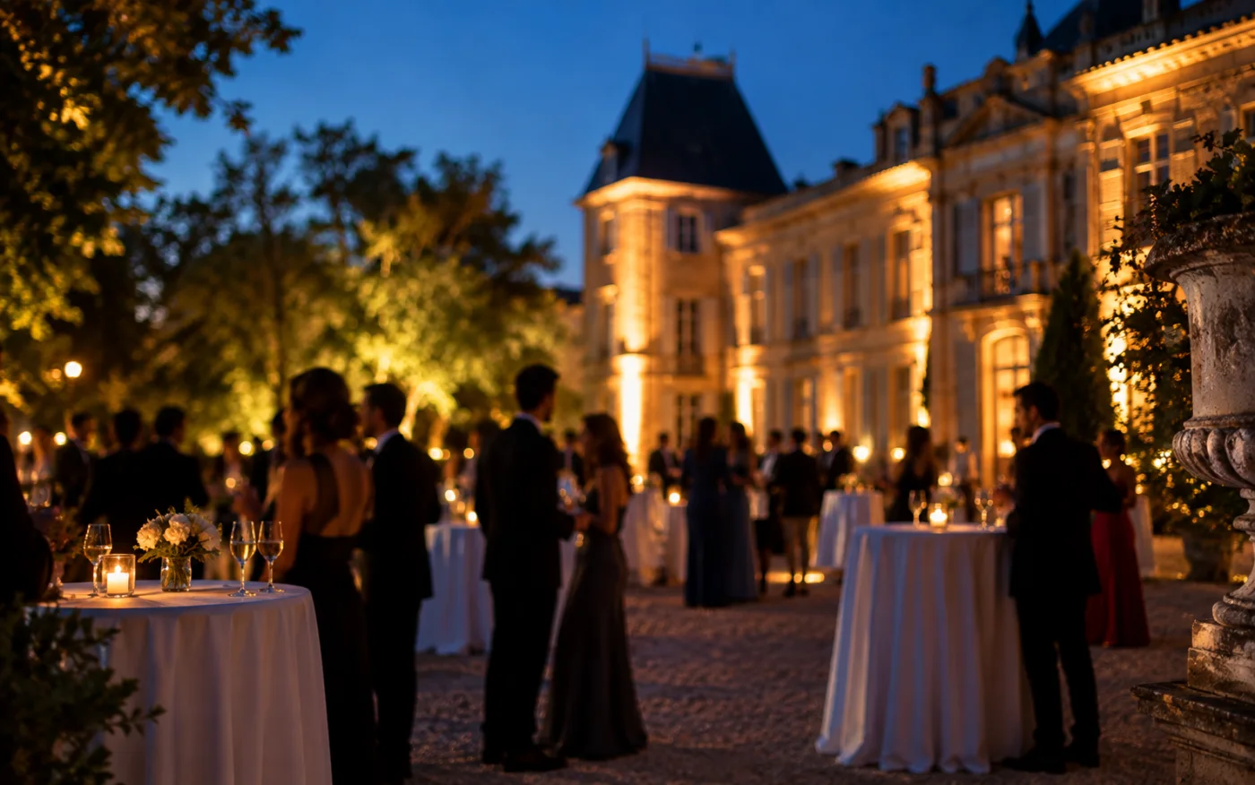 Un cocktail devant un château illuminé à la nuit tombée