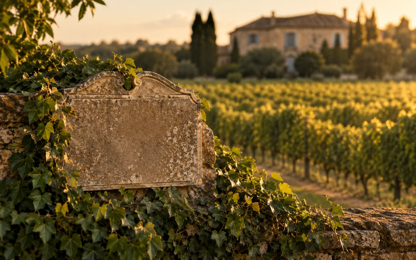Une plaque de pierre vierge sur un muret, devant une vigne et une bastide