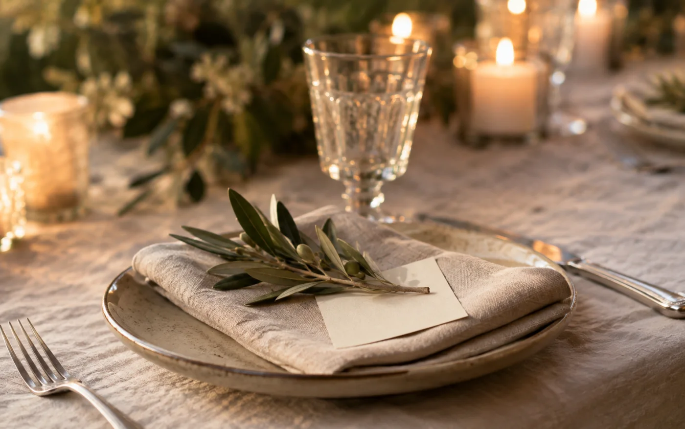 Une assiette dressée, branche d'olivier et carton de table, à la bougie