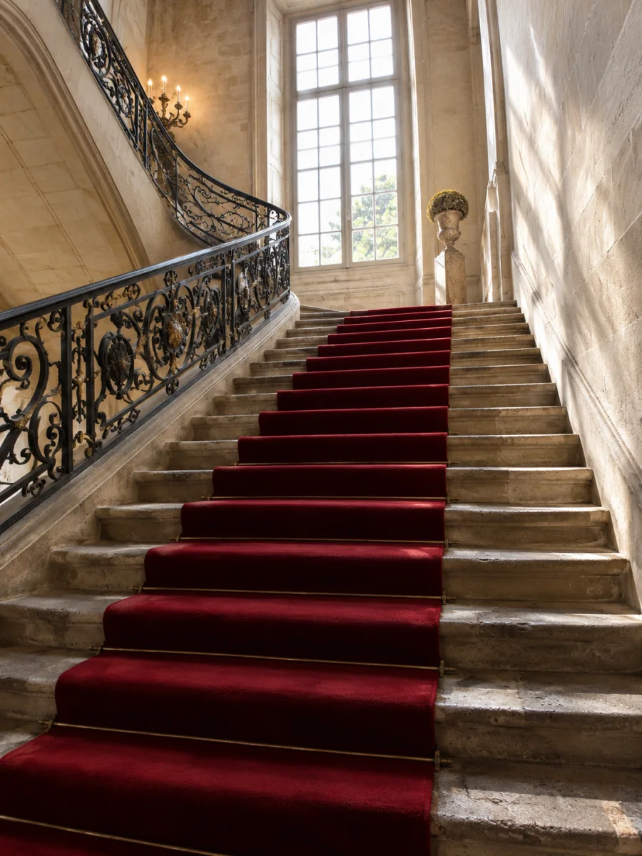 Un escalier de pierre au tapis rouge, rampe en fer forgé