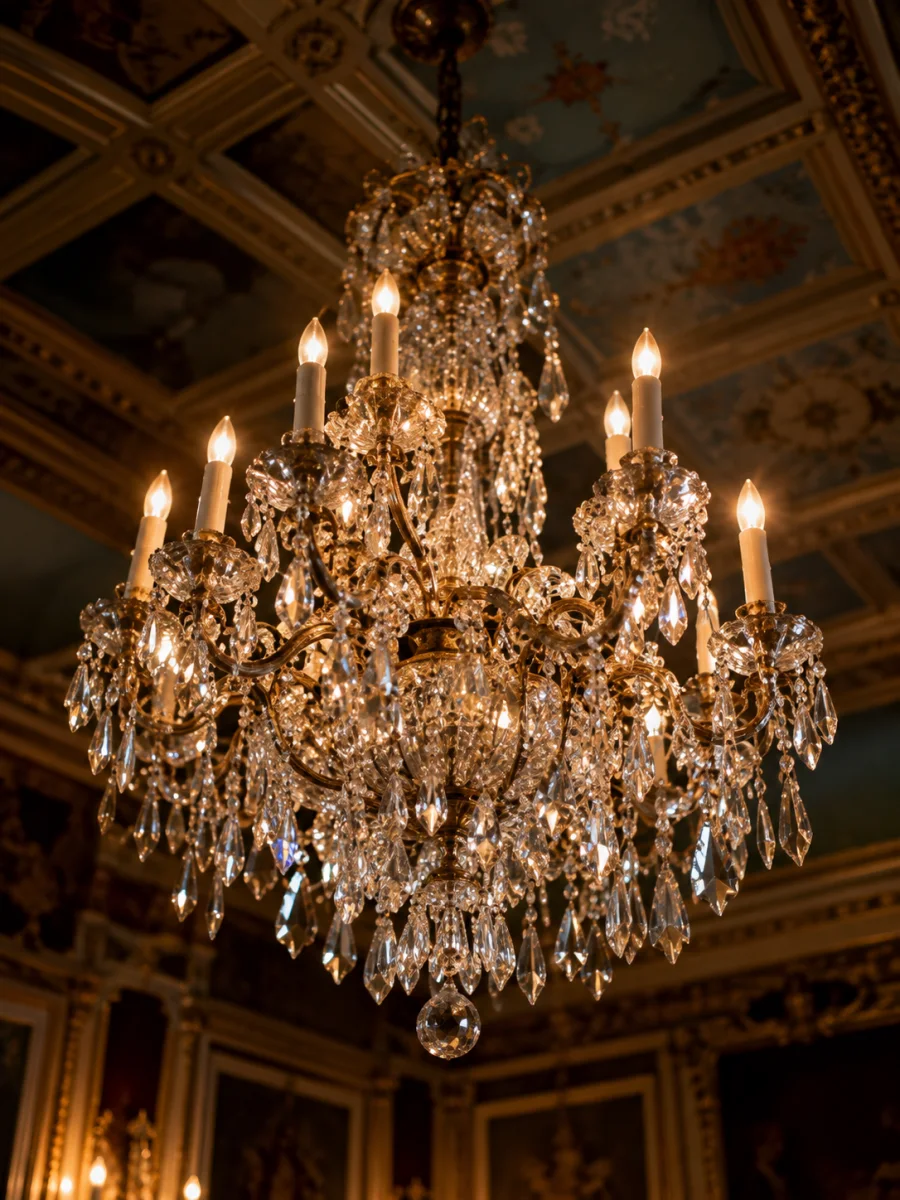Un lustre de cristal sous un plafond à caissons peint