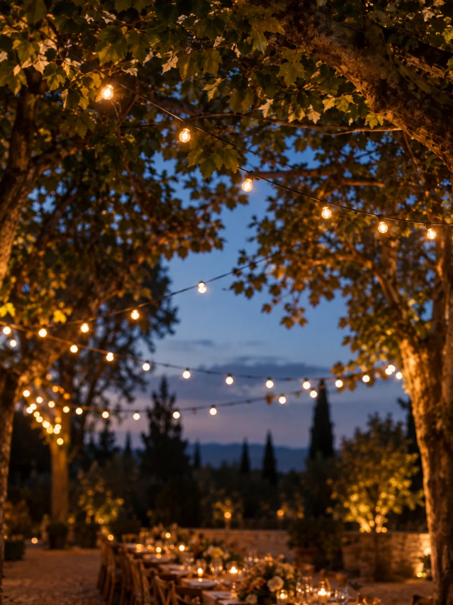 Des guirlandes lumineuses sous les arbres, au-dessus d'une tablée au crépuscule