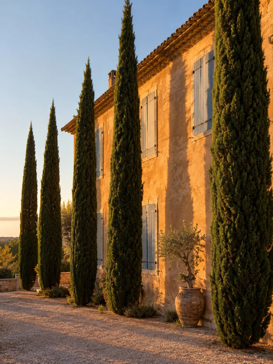 Un mas provençal bordé de cyprès dans la lumière du soir