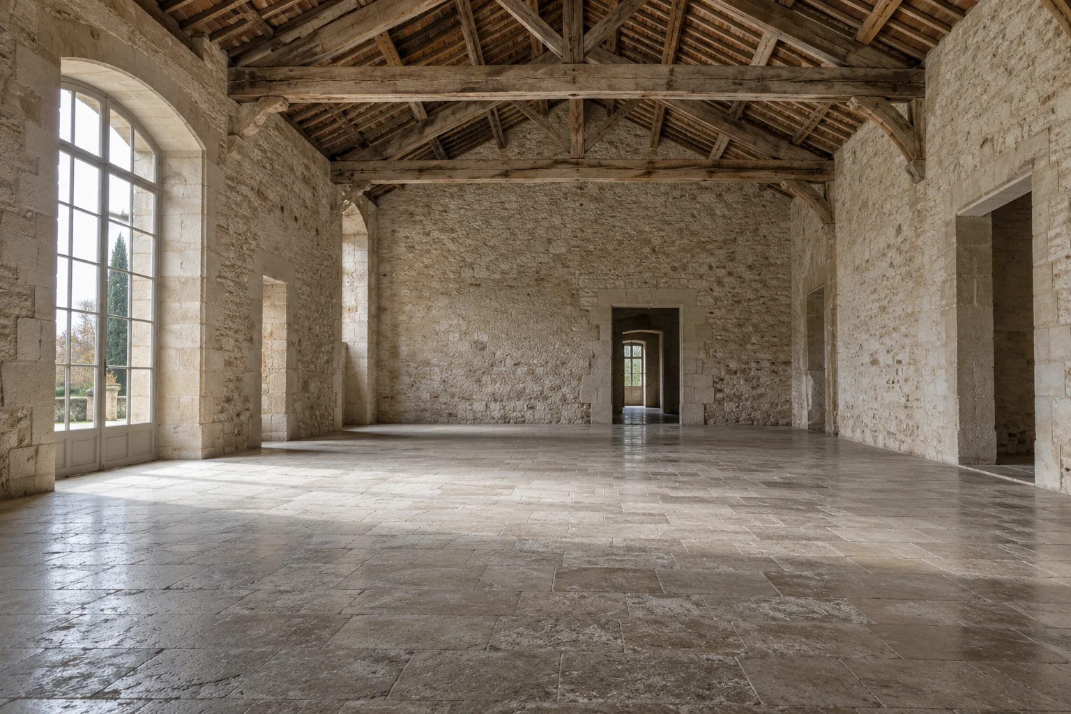 Une grande salle en pierre restaurée, encore vide, éclairée par une haute fenêtre