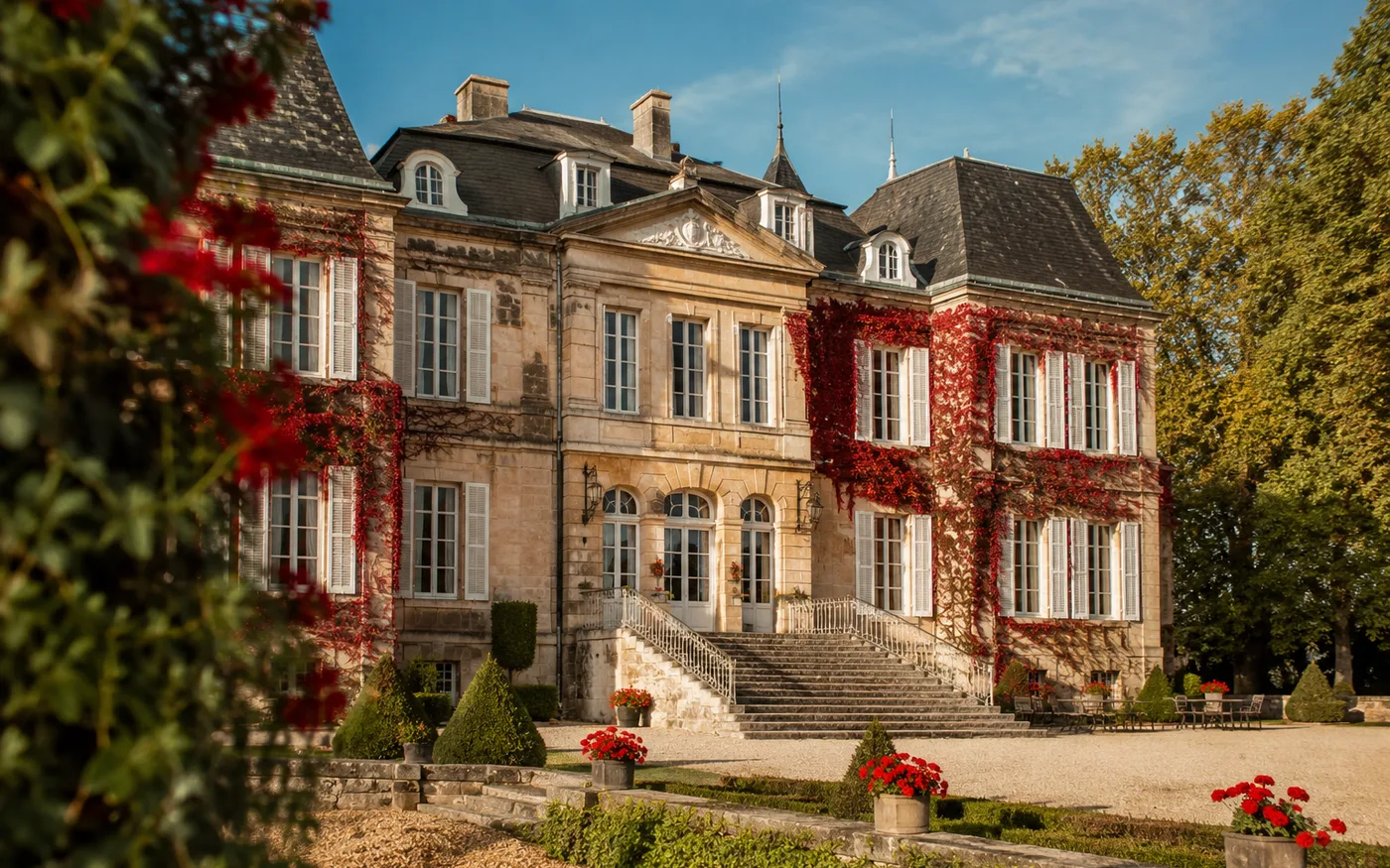 Un château aux vignes rouges, vu depuis son allée