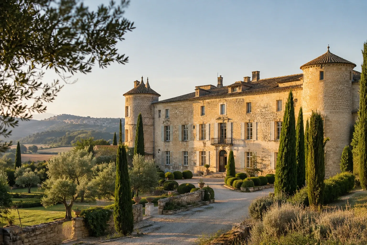 Un château provençal au soleil couchant, cyprès et oliviers dans le parc