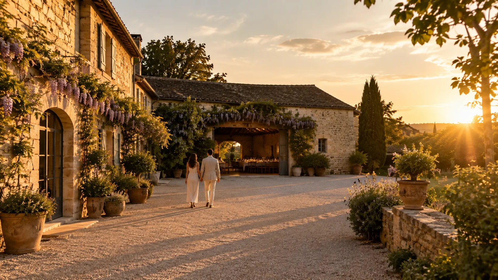 La cour d'un mas en pierre au coucher du soleil, un couple qui s'avance