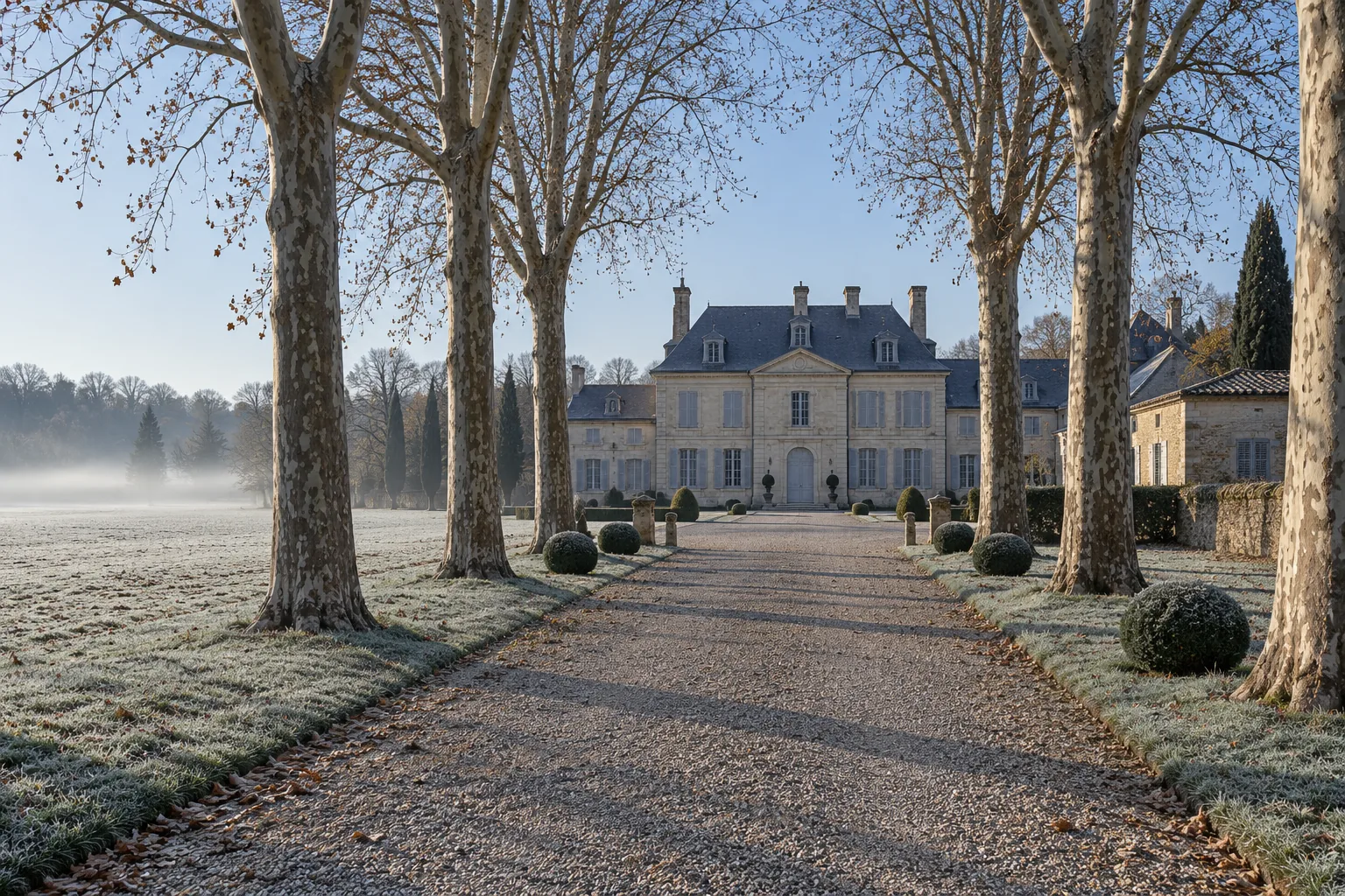 Une allée de gravier bordée d'arbres menant à un domaine de pierre, un matin givré