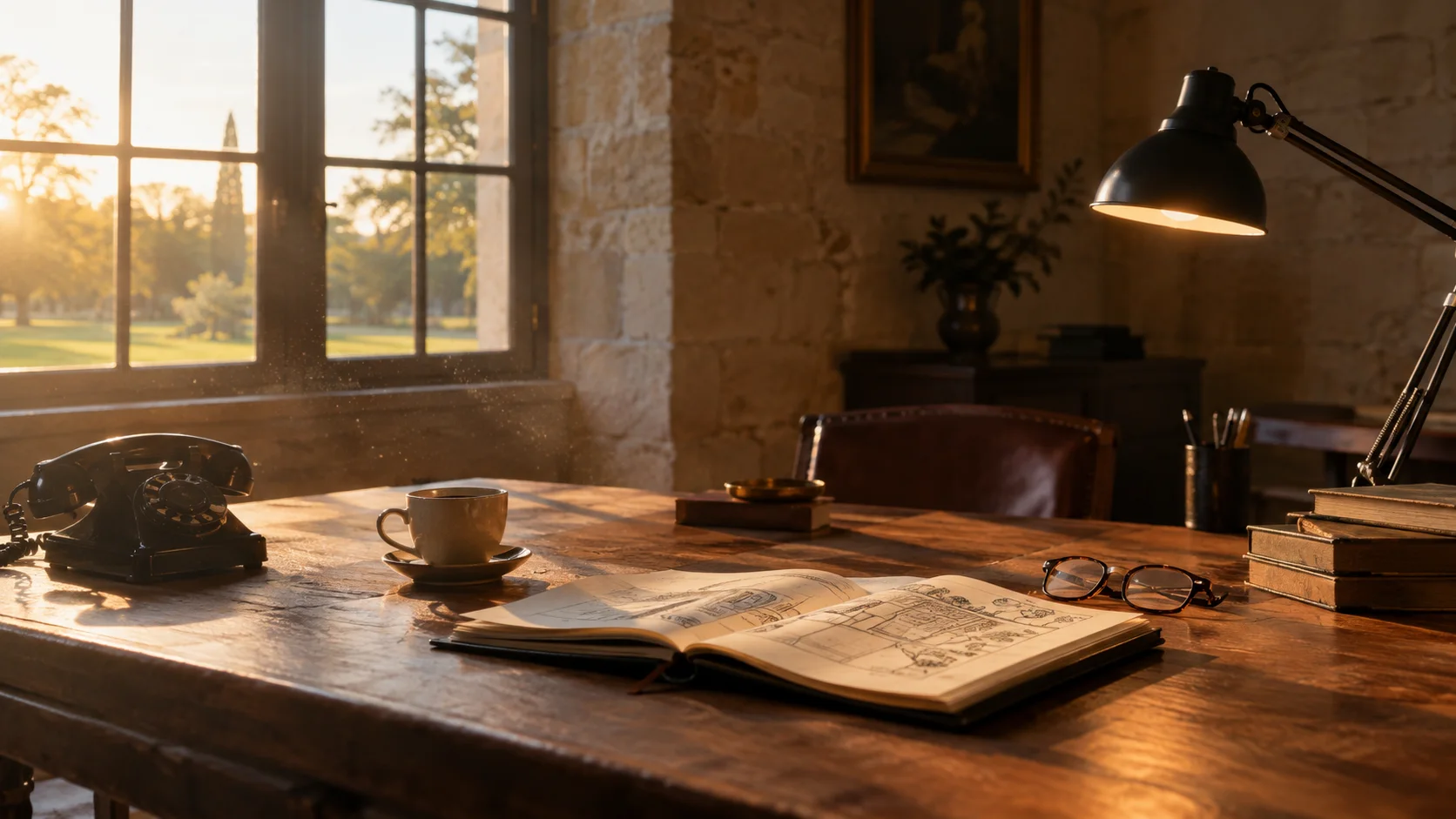 Un bureau ancien près d'une fenêtre, un registre ouvert, une tasse et des lunettes