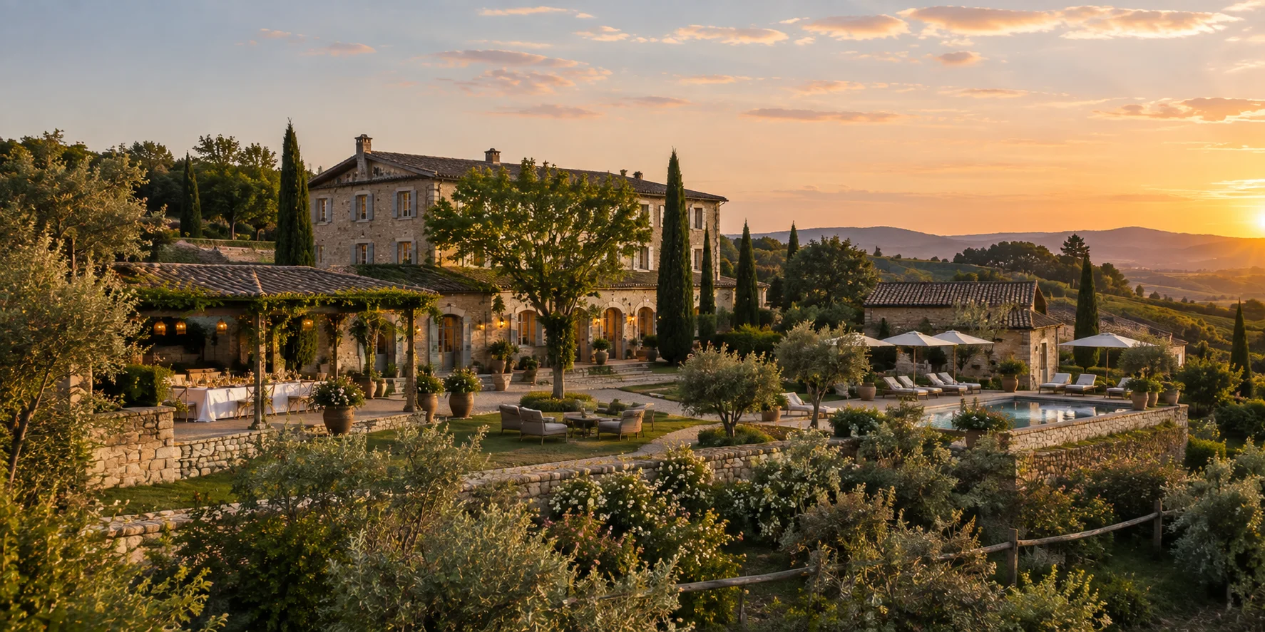 Un domaine de pierre et sa terrasse dressée, au coucher du soleil