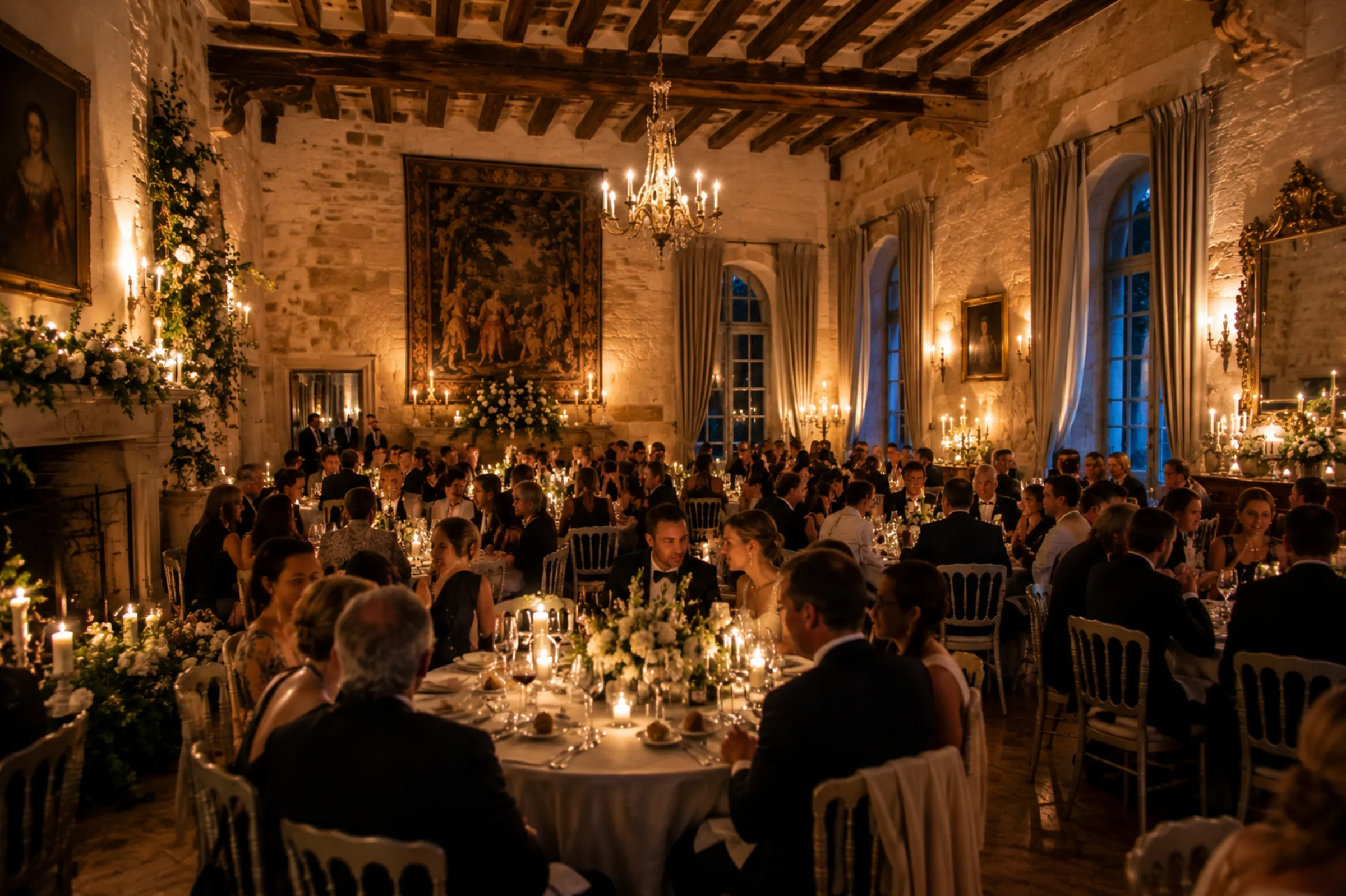 Une salle de château dressée pour un dîner de mariage, aux lustres