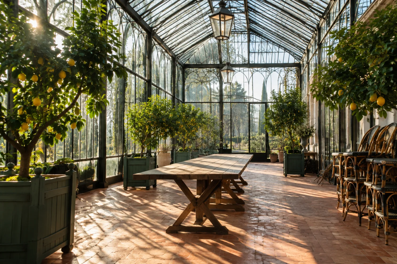 Une orangerie vitrée, citronniers en caisses et longue table en bois