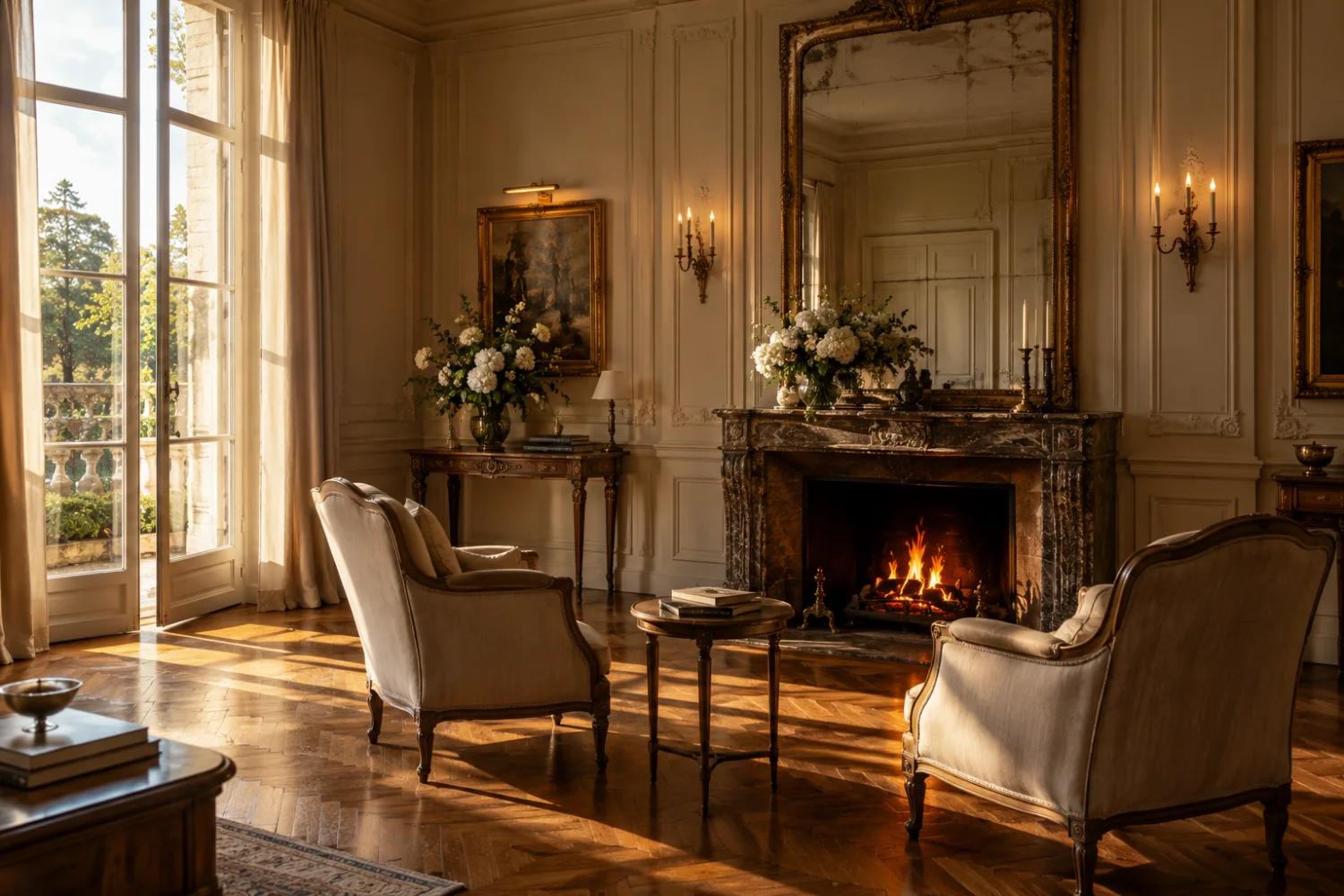 Un salon clair, cheminée allumée, fauteuils et miroir ancien