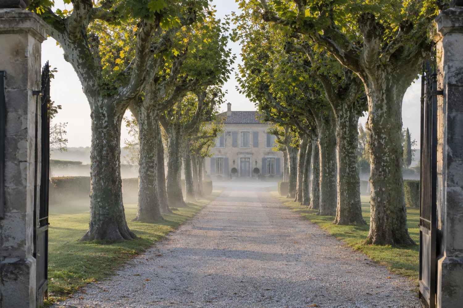 Une allée de platanes dans la brume, menant à une demeure