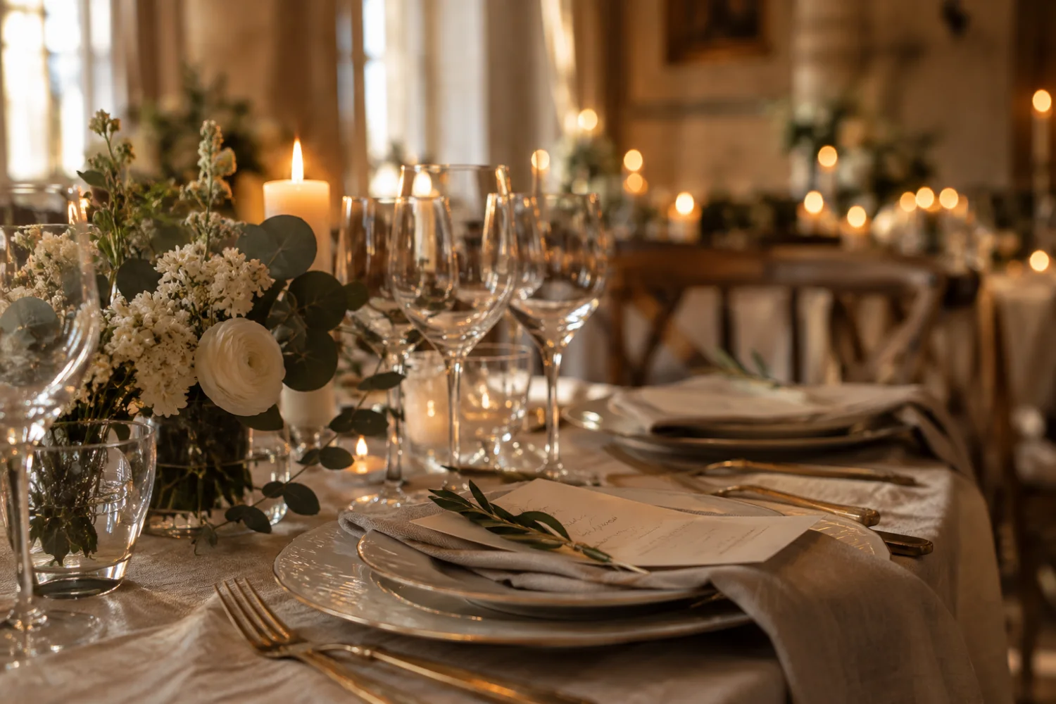 Une table dressée à la bougie, verres en cristal et fleurs blanches