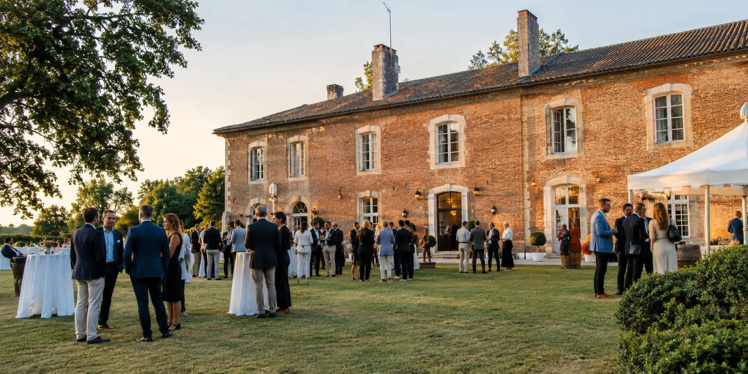 Un cocktail sur la pelouse d'une demeure en pierre, au soleil couchant