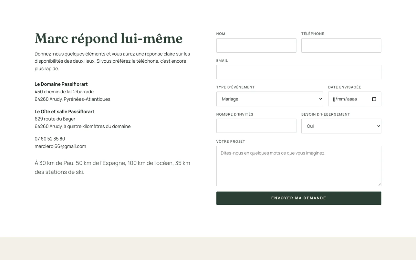 Le formulaire de demande de date du site Passiflorart