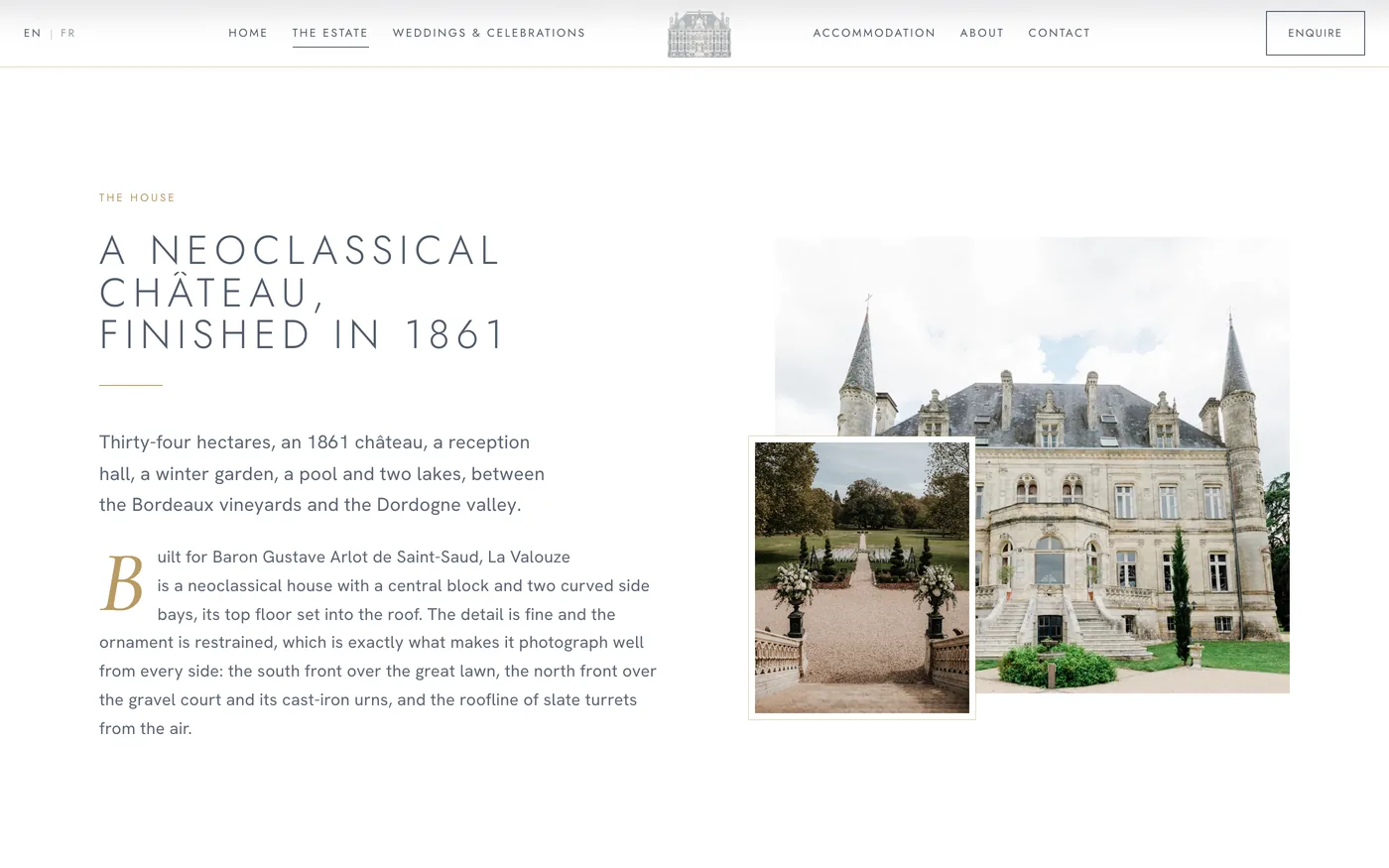 The estate page of the Château de la Valouze website, the 1861 neoclassical château