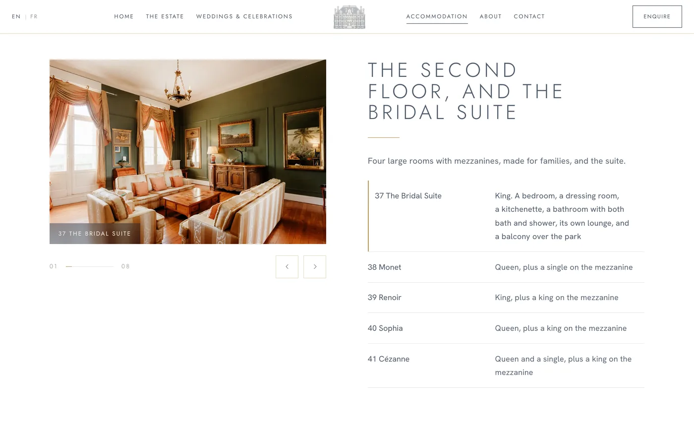 The accommodation page of the Château de la Valouze website, the bridal suite and the second-floor rooms