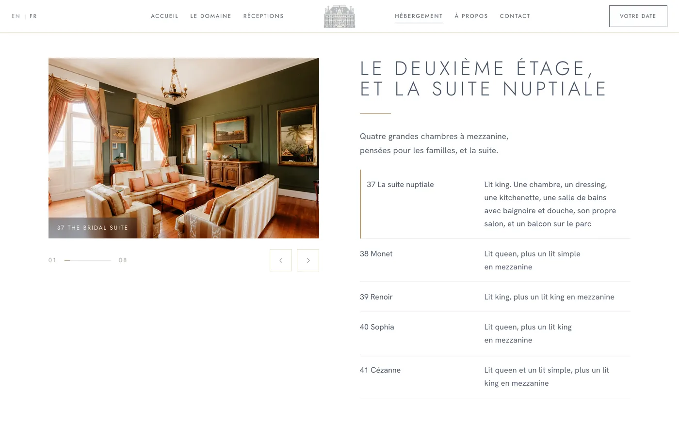 Page Hébergement du site du Château de la Valouze, la suite nuptiale et les chambres du deuxième étage
